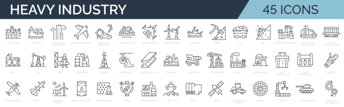 Set of 45 icons related to heavy industry, aerospace, shipbuilding, production, mining, industrial. Outline icon collection. Editable stroke. Vector illustration. 