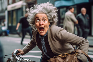 An elderly woman riding a bicycle gets scared and has a fearful expression on her face - ai generative - obrazy, fototapety, plakaty