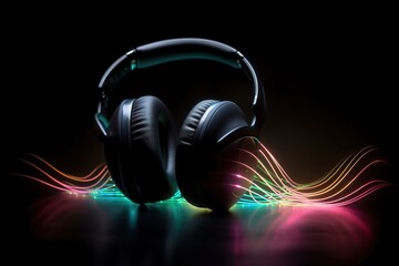 Fototapeta na wymiar Headphones on a black background. Neon light. Creative photo earphones.