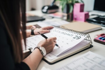 A businesswoman is shown using her pencil to view a monthly calendar for event planning, writing with a pen