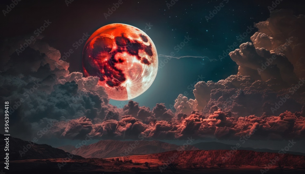 Wall mural blood moon or red moon in the night time sky with clouds concept generative ai
