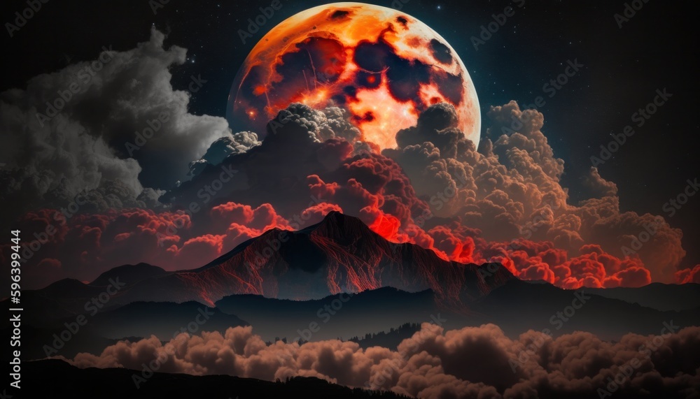 Wall mural blood moon or red moon in the night time sky with clouds concept generative ai