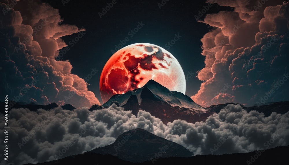 Wall mural blood moon or red moon in the night time sky with clouds concept generative ai