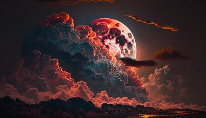 Blood moon or red moon in the night time sky with clouds concept generative ai