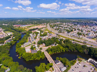 Pawtucket Quality Hill historic district aerial view including Blackstone River and Interstate Highway 95, from city of Central Falls, Rhode Island RI, USA. 