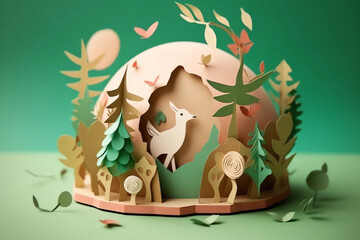 Paper art, World, Econemy, green planet, deer, forest, AI generated