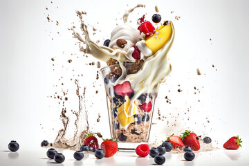 Splashing fruits Milkshake  in a glas, on white background, AI generated