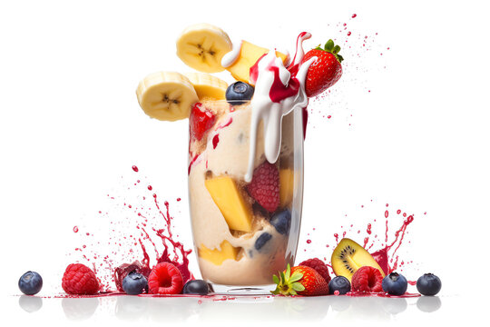 Fruits Milkshake  in a glas, on white background, AI generated
