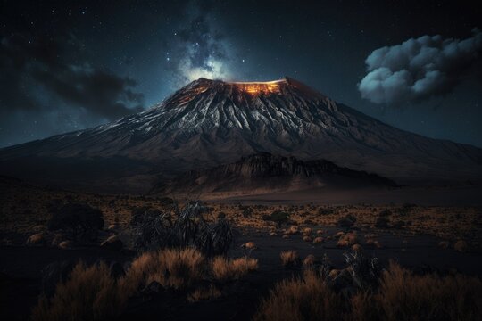 The majestic Mount Kilimanjaro at night, illuminated by the galaxy and a blanket of sparkling stars. Ai generated image