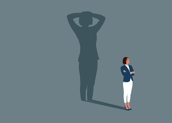 Fototapeta na wymiar Confident businesswoman standing with fear shadow. Lack of self confidence at work. Impostor syndrome problem. Flat vector illustration.
