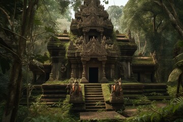 A dilapidated Hindu temple in a forest overgrown with moss and vegetation. Generative AI