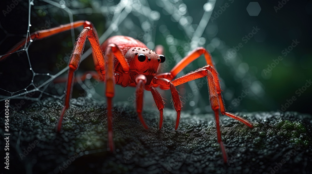 Poster a close up of a red spider on a branch with water droplets. generative ai