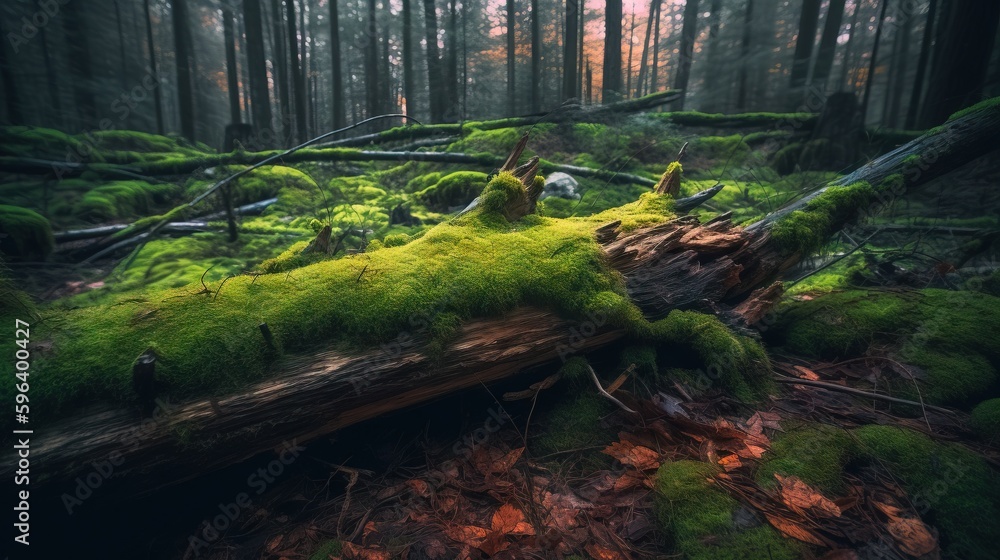 Poster a moss covered log in the middle of a forest filled with trees. generative ai