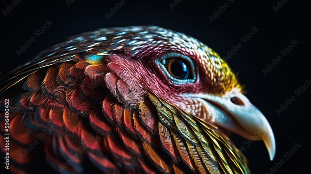 Poster a close up of a colorful bird on a black background. generative ai