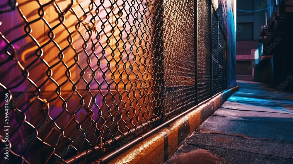 Poster a chain link fence on the side of a building at night. generative ai