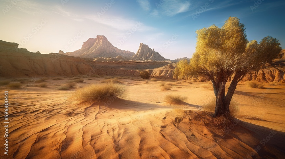 Poster a desert landscape with a tree in the middle of it. generative ai