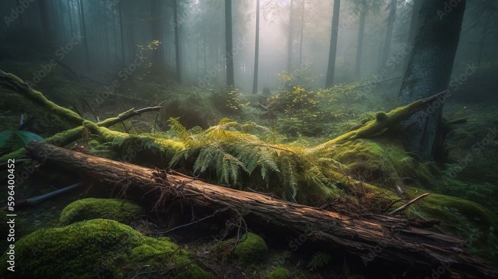Poster a fallen tree in a forest with moss growing on it. generative ai