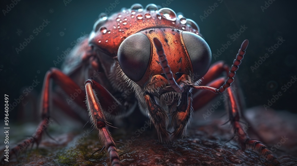Poster a close up of a bug on a rock with drops of water on it. generative ai