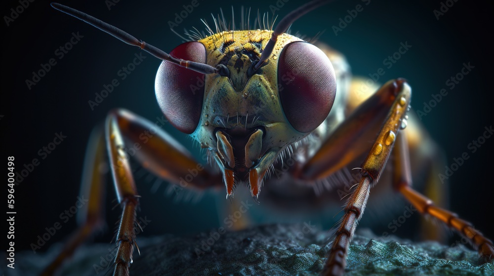 Poster a close up of a bug on a black background with a blurry background. generative ai