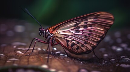 Fototapeta na wymiar a close up of a butterfly on a leaf with water droplets. generative ai