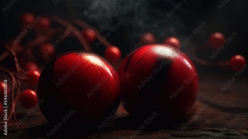 Poster two red apples sitting next to each other on a table. generative ai