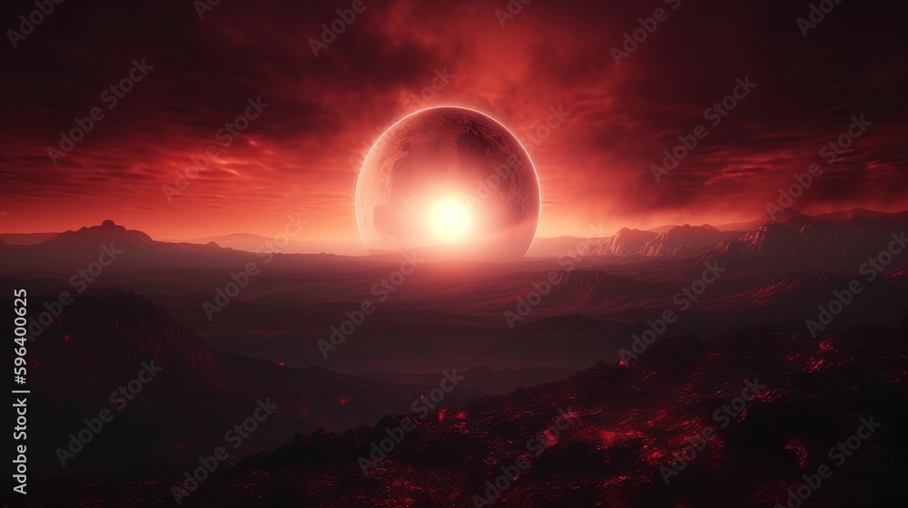 Poster a red sunset over a mountain range with a giant object in the distance. generative ai