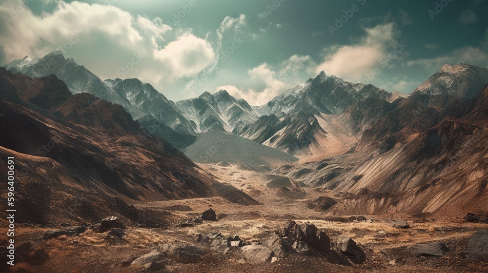 Poster a mountain range with a few clouds in the sky above it. generative ai