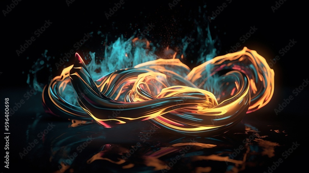 Aufkleber a colorful fire and water swirl on a black background with a reflection. generative ai