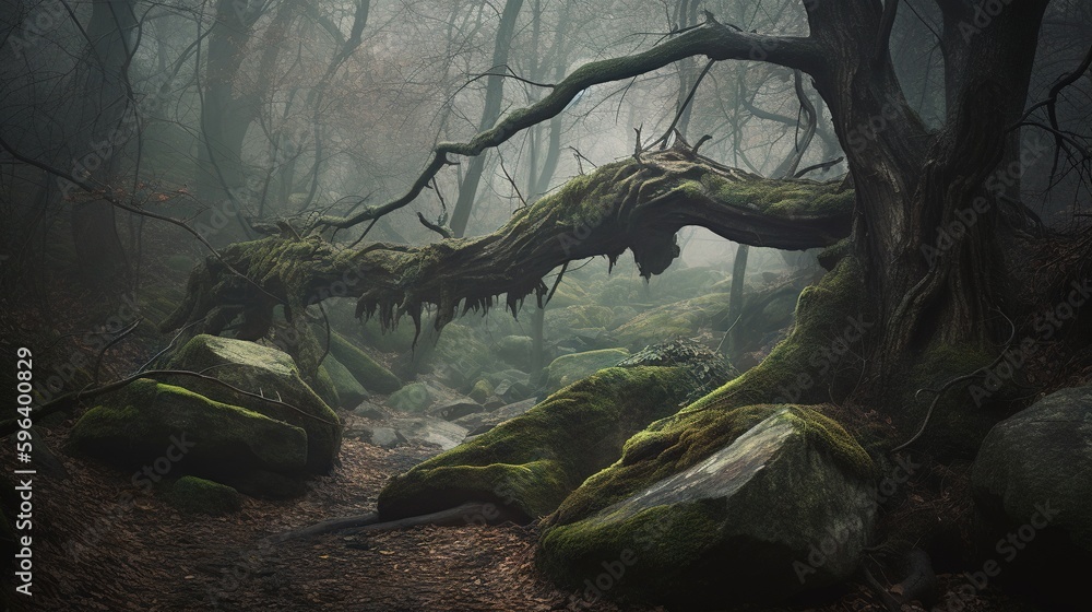 Poster a mossy forest with rocks and trees in the foreground. generative ai