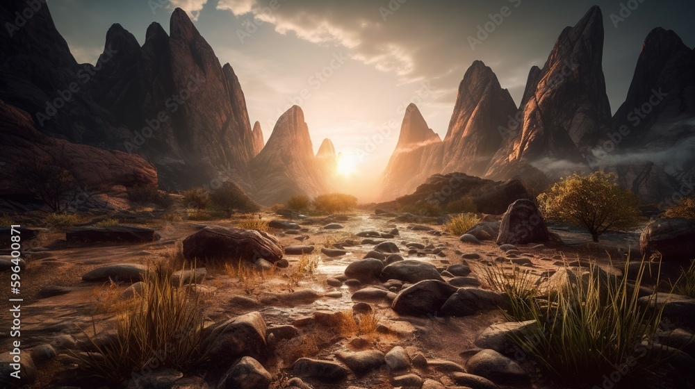 Aufkleber the sun is setting over a rocky mountain valley with a stream running through it. generative ai