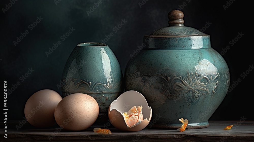 Aufkleber a blue vase with an egg in it and three eggs in it. generative ai