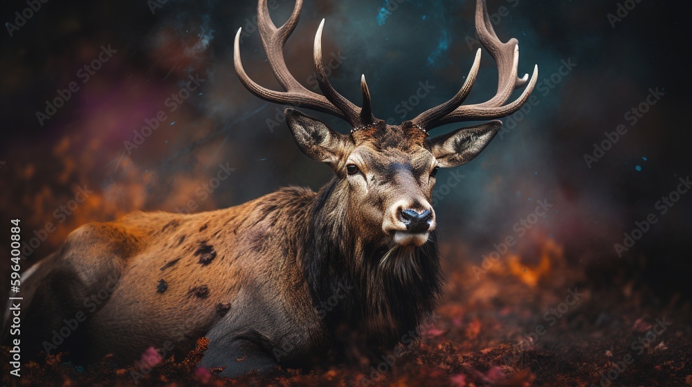 Poster a deer with large antlers laying down in a field. generative ai