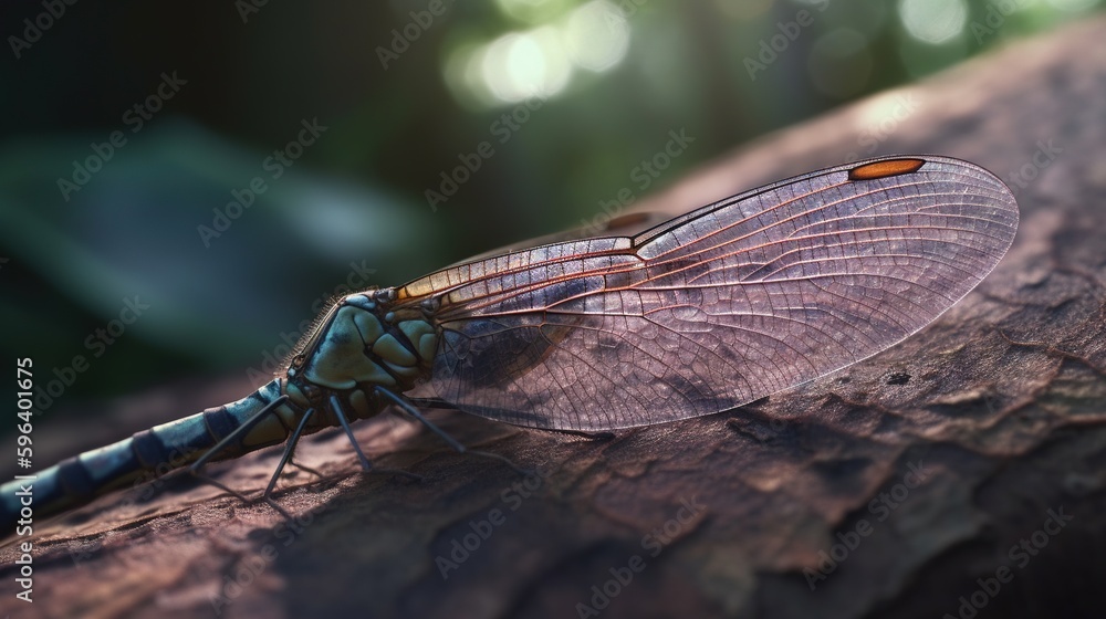 Poster a dragonfly sitting on a tree branch in the sun. generative ai