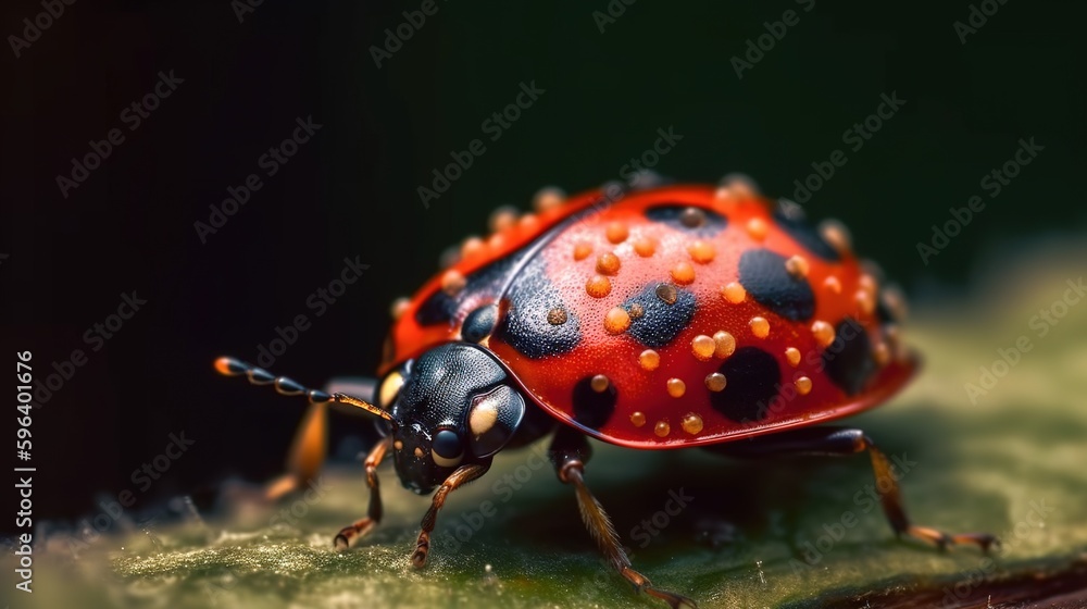 Poster a close up of a red and black bug on a leaf. generative ai