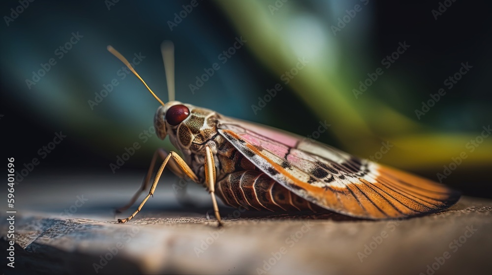 Poster  a close up of a bug on a surface with a blurry background.  generative ai