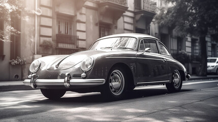 Obraz na płótnie Canvas a black and white photo of a car parked on the street. generative ai