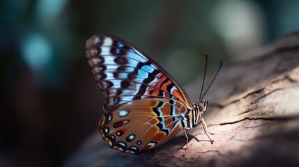 Fototapeta na wymiar a colorful butterfly sitting on a tree branch in a forest. generative ai