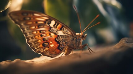 Fototapeta na wymiar a close up of a butterfly on a leafy surface. generative ai