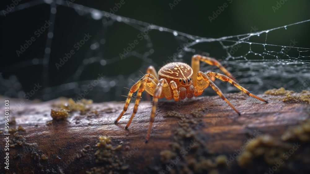 Poster a close up of a spider on a branch with a spider web in the background. generative ai