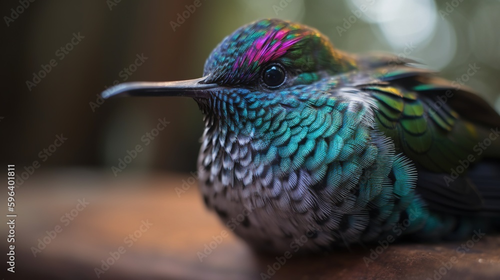 Poster a colorful bird sitting on top of a wooden table next to a window. generative ai