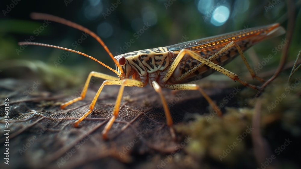 Poster a close up of a grasshopper on a piece of wood. generative ai