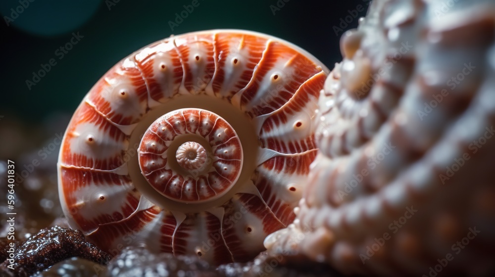 Poster a close up of a sea shell on a rock with a blurry background. generative ai