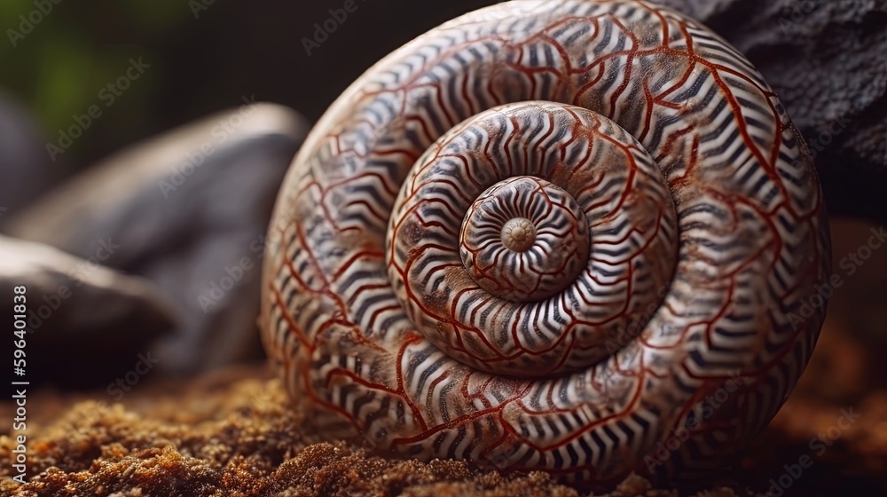 Poster a close up of a snail shell on the ground with rocks in the background. generative ai
