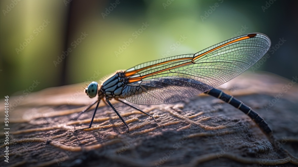 Poster a close up of a dragonfly on a leaf with a blurry background. generative ai
