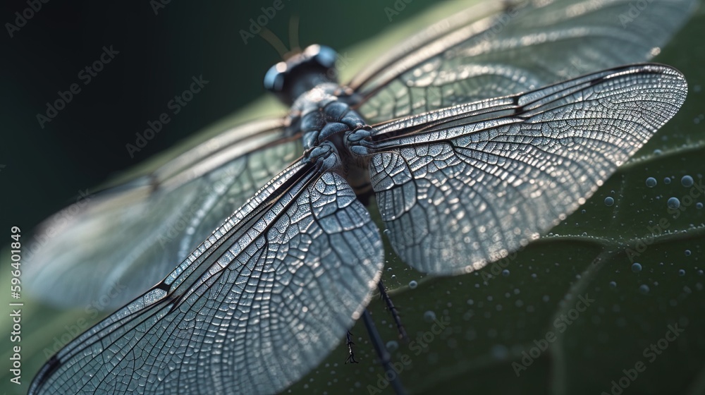 Poster a close up of a dragonfly on a leaf with drops of water on it. generative ai