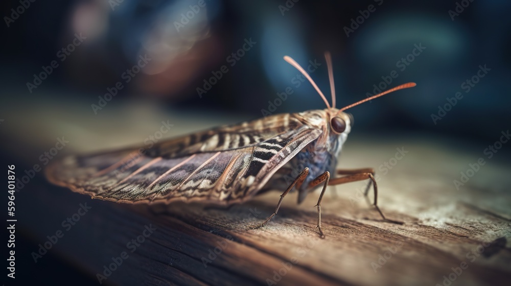 Poster a close up of a bug on a wooden surface with blurry background. generative ai