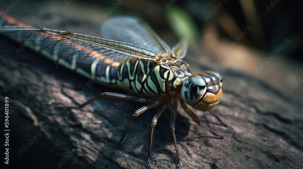 Poster a close up of a dragonfly on a log in a forest. generative ai