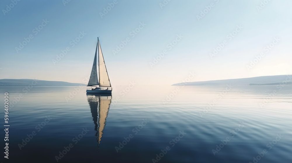 Wall mural  a sailboat floating on the water with a sky background.  generative ai