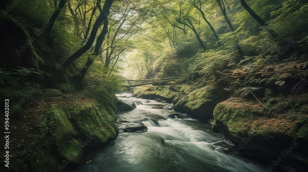 Poster a stream running through a lush green forest filled with trees. generative ai