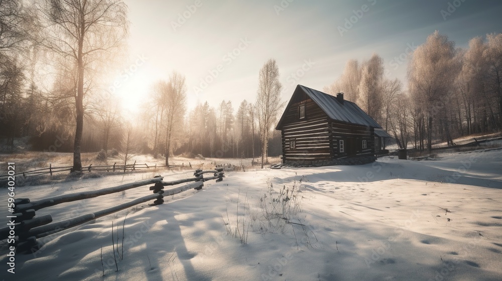 Aufkleber a log cabin in a snowy field with trees in the background. generative ai